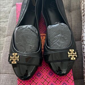Tory Burch Black Patent Logo Ballet Flats with Gold Hardware